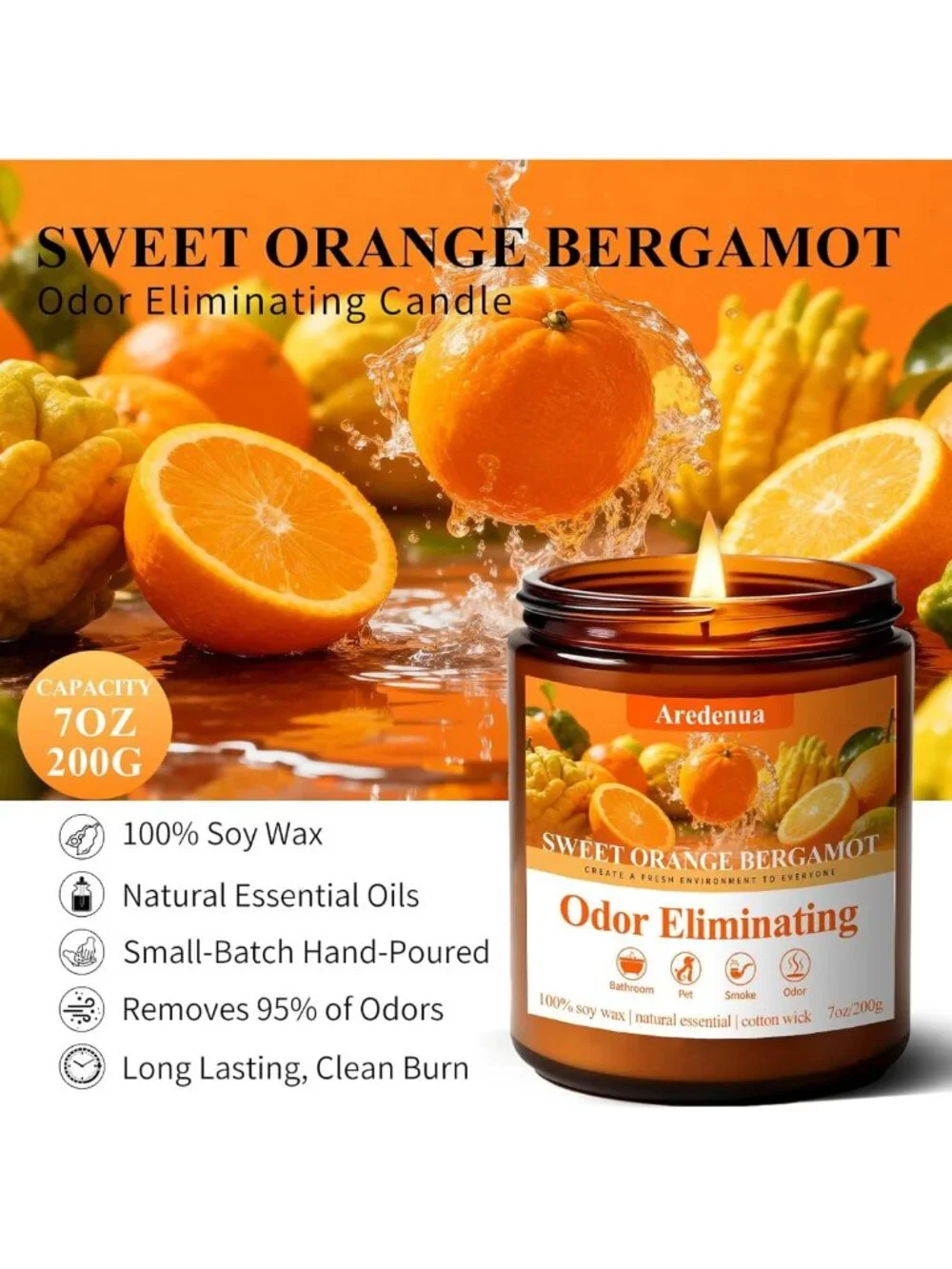 Sweet Orange Odor Eliminating Soy Candle - 7oz, 50 Hour Burn, Freshens Air